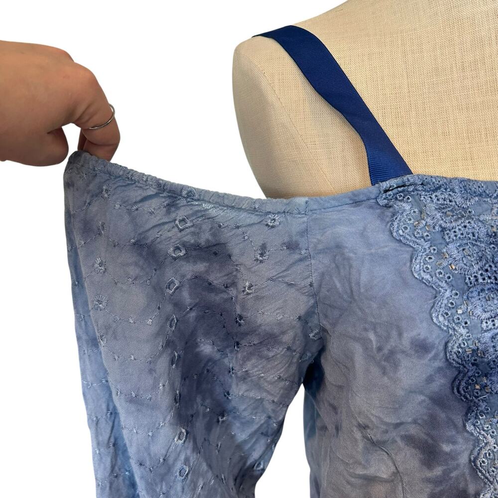Vintage Boho Blue Lace Up Cropped Top Flared Sleeves One Size - Picture 10 of 13
